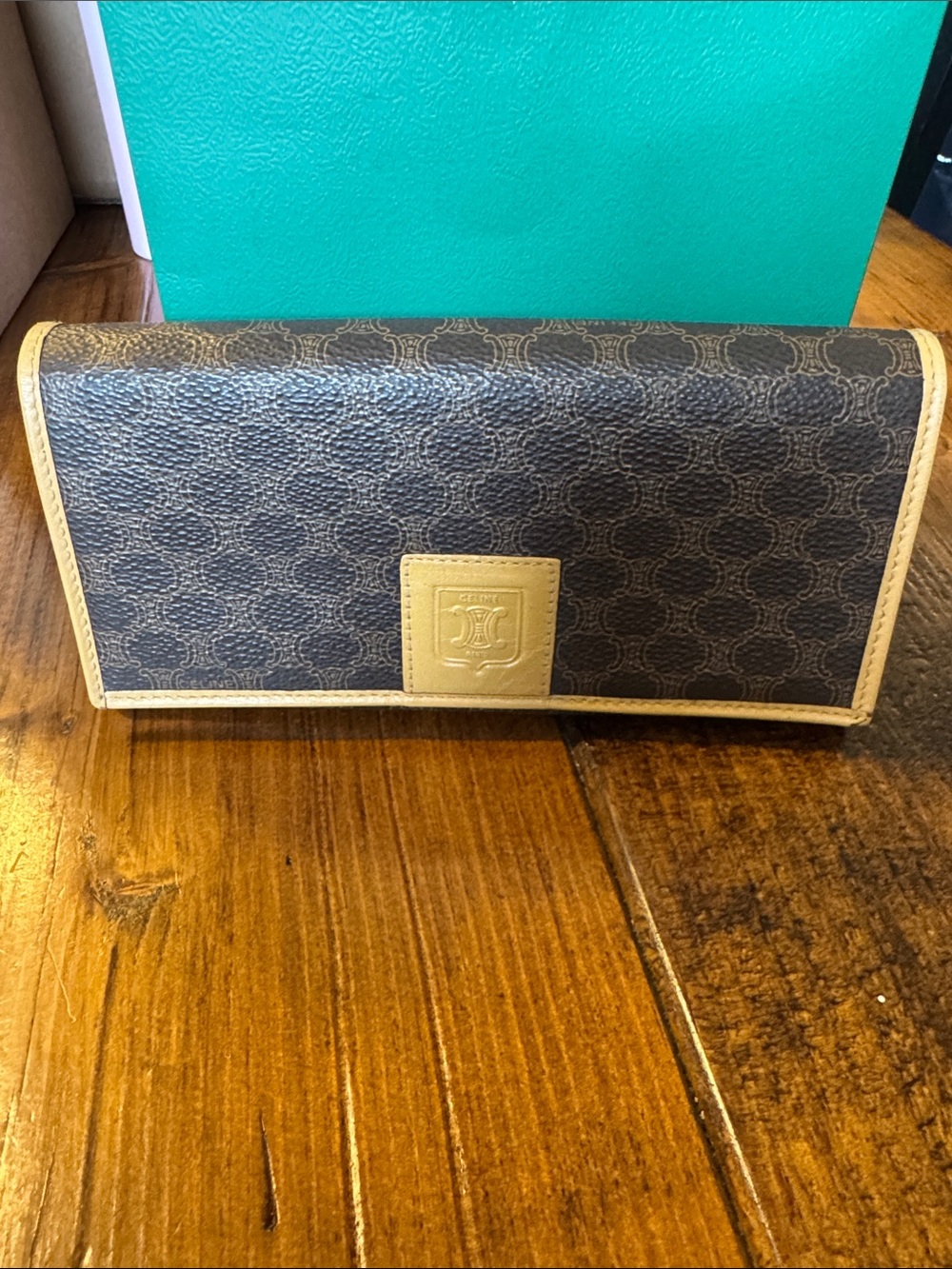 Celine Brown Signature Canvas kisslock Continental Wallet with Cream Trim